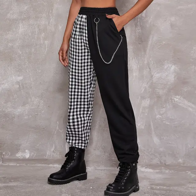 Two tone Stitching Chain Detail Check Trousers Black - Shop at LoveMi