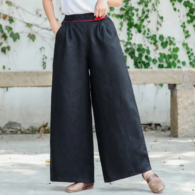 Linen Waist Straight Wide Leg Pants Retro Artistic Women Black - Shop at LoveMi