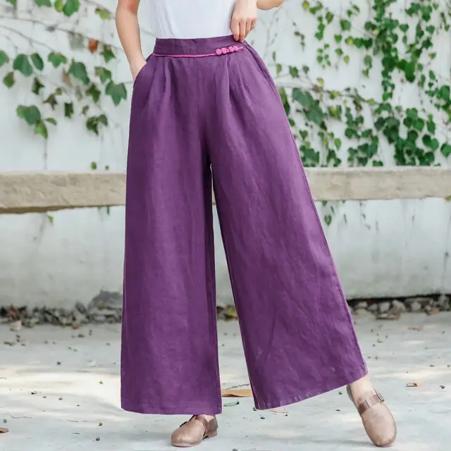Linen Waist Straight Wide Leg Pants Retro Artistic Women Purple - Shop at LoveMi