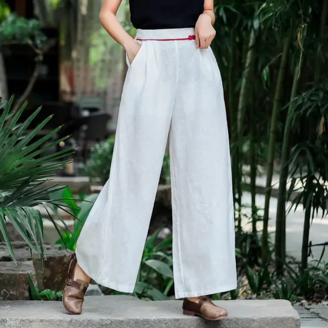 Linen Waist Straight Wide Leg Pants Retro Artistic Women White - Shop at LoveMi