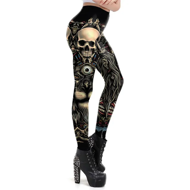 Printed Skull And Lion Women's Sports Yoga Feet Tight Leggings Brown - Shop at LoveMi
