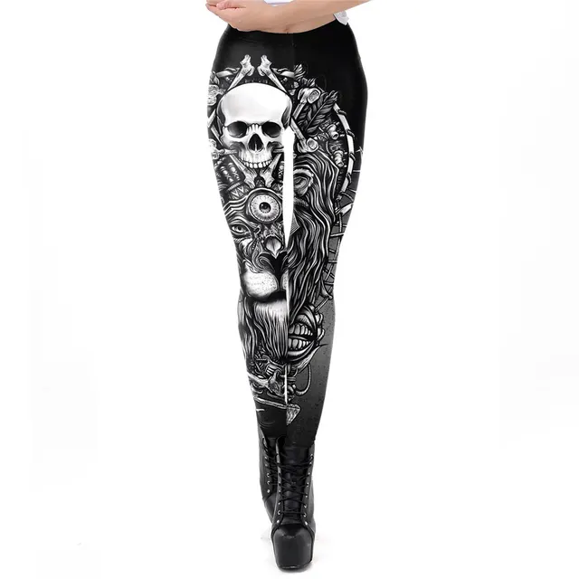 Printed Skull And Lion Women's Sports Yoga Feet Tight Leggings Grey White - Shop at LoveMi