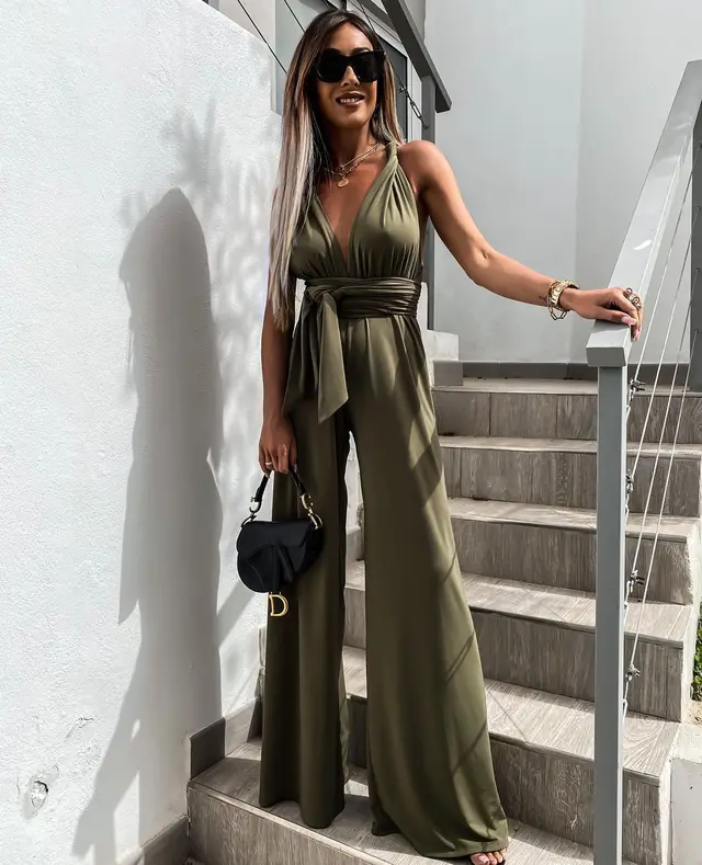 Sleeveless Solid Color Lace Up Jumpsuit Green - Shop at LoveMi
