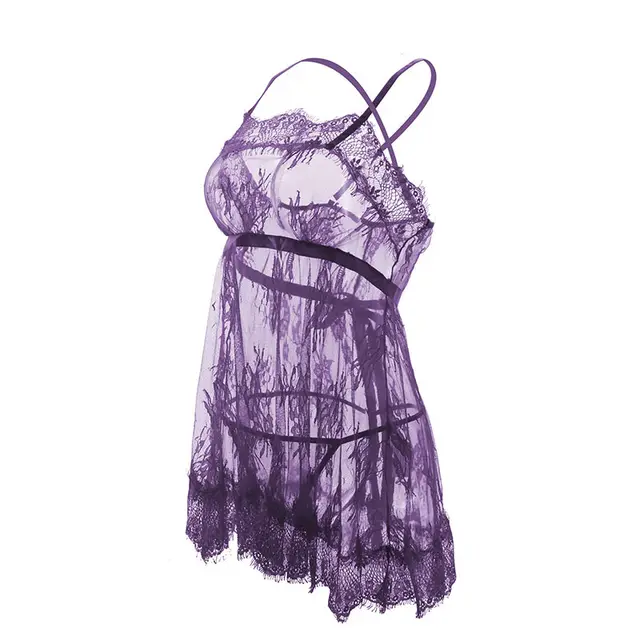 See through Lace Eyelash Strap Halter Nightdress Purple - Shop at LoveMi