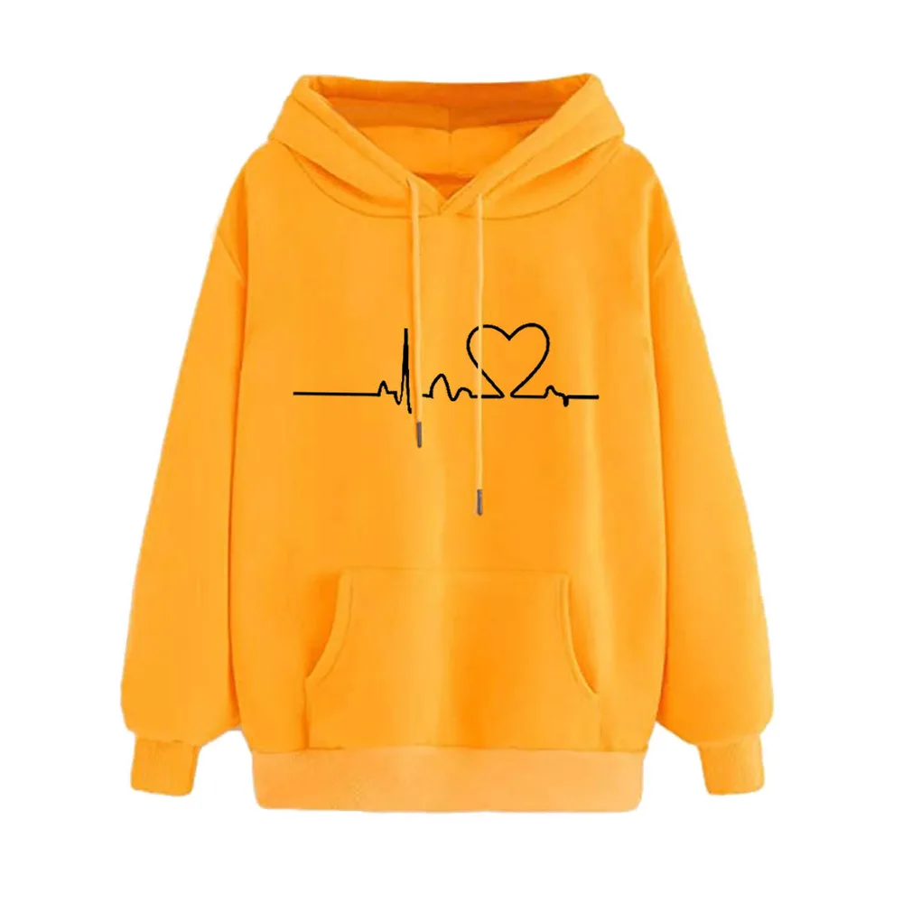 Loose Hooded Sweatshirt with ECG Heart Print - Yellow - View 1