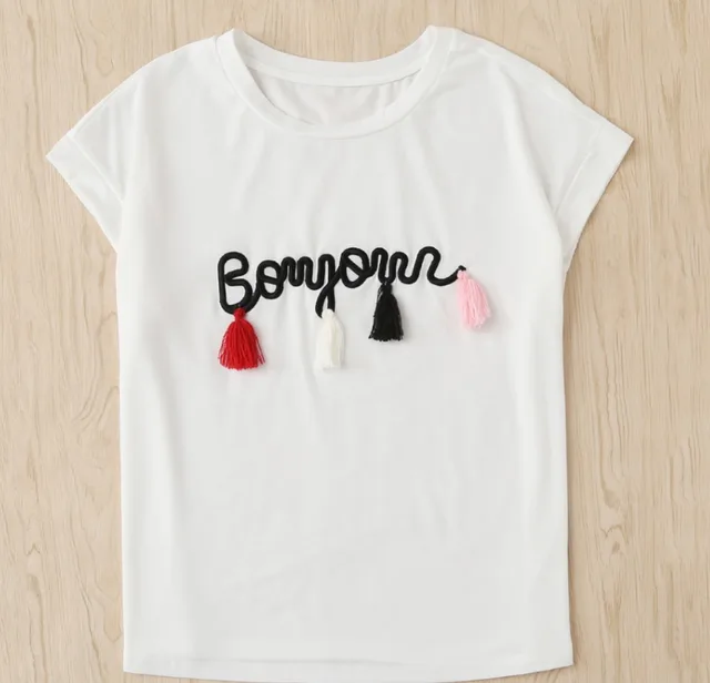 Letter Embroidered Cotton Blend Tassel Bat Sleeve T shirt White - Shop at LoveMi