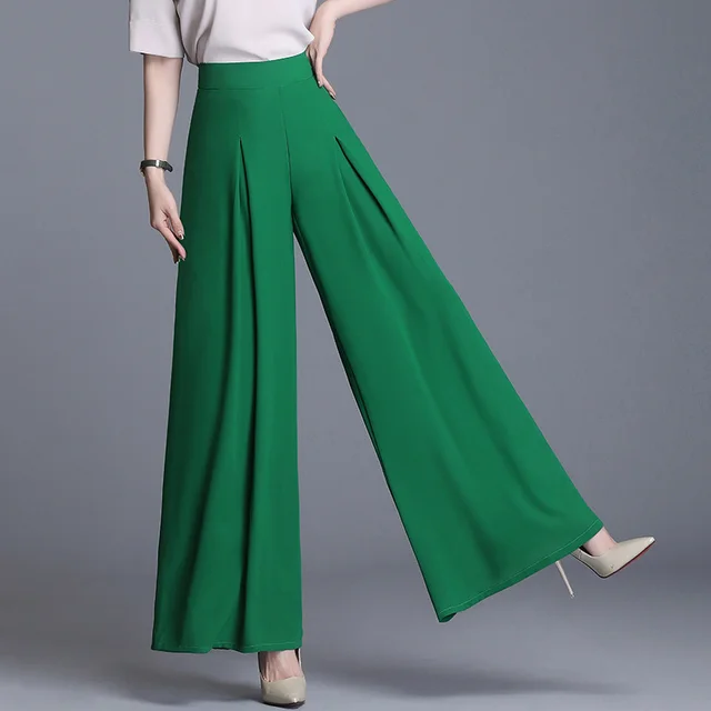 Ladies Loose Slim Culottes Chiffon Wide Leg Pants Green - Shop at LoveMi
