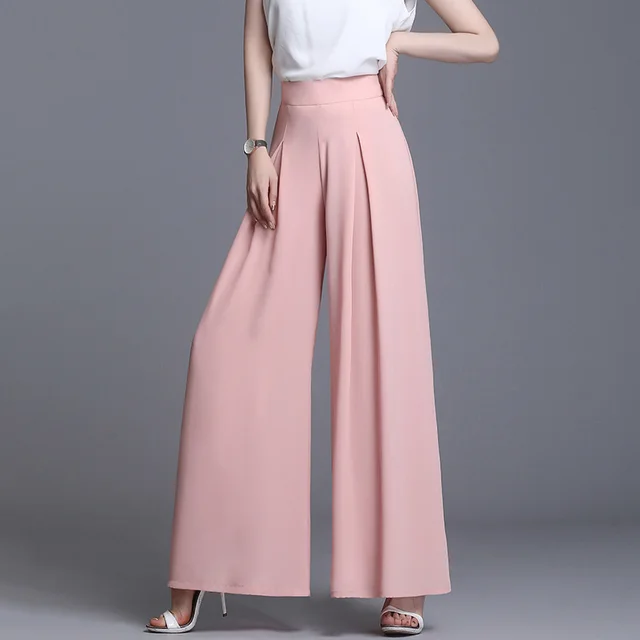 Ladies Loose Slim Culottes Chiffon Wide Leg Pants Pink - Shop at LoveMi