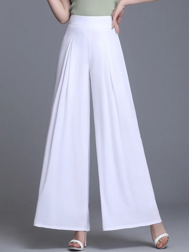 Ladies Loose Slim Culottes Chiffon Wide Leg Pants White - Shop at LoveMi