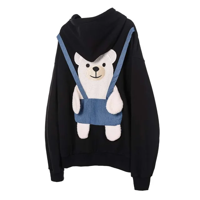 Back Sling Bear Towel Embroidery Loose Trendy Sweater Black - Shop at LoveMi