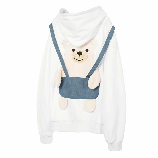 Back Sling Bear Towel Embroidery Loose Trendy Sweater White - Shop at LoveMi