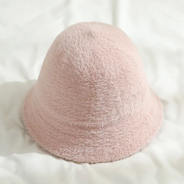 Solid Color Japanese Mink Fur Bucket Hat Pink - Shop at LoveMi