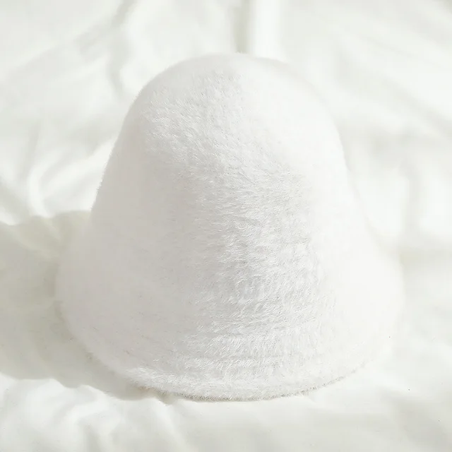 Solid Color Japanese Mink Fur Bucket Hat White - Shop at LoveMi