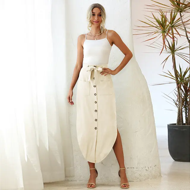 High Waist Women's European And American Lace Up Pockets Solid Color Irregular Long Skirt Beige - Shop at LoveMi
