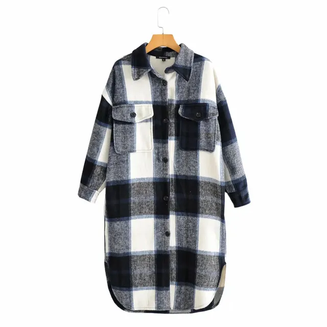Contrasting Plaid Casual Fashion Simple Long Woolen Coat Black - Shop at LoveMi