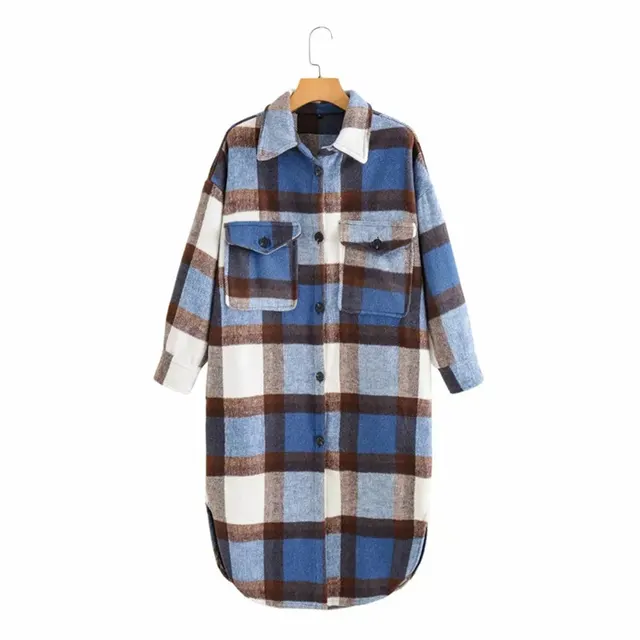Contrasting Plaid Casual Fashion Simple Long Woolen Coat Blue - Shop at LoveMi