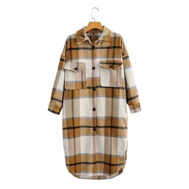 Contrasting Plaid Casual Fashion Simple Long Woolen Coat Khaki - Shop at LoveMi