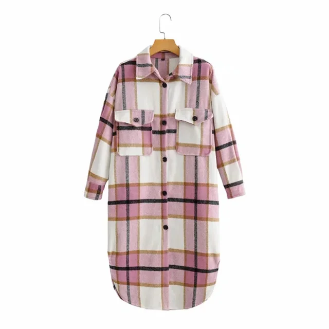 Contrasting Plaid Casual Fashion Simple Long Woolen Coat Pink - Shop at LoveMi