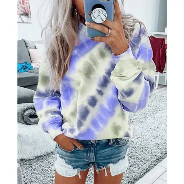 Loose Round Neck Tie Dye Printing Long Sleeved Top Blue - Shop at LoveMi