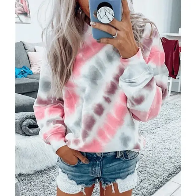 Loose Round Neck Tie Dye Printing Long Sleeved Top Pink - Shop at LoveMi