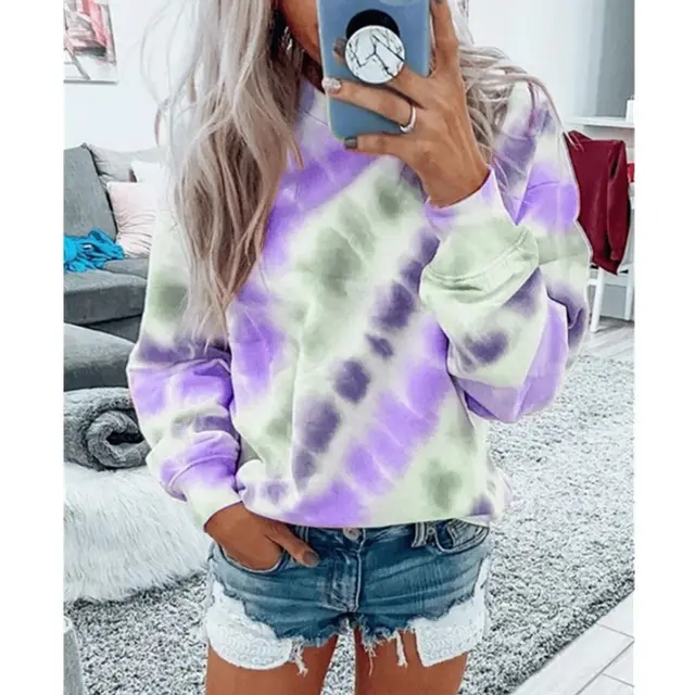 Loose Round Neck Tie Dye Printing Long Sleeved Top Purple - Shop at LoveMi