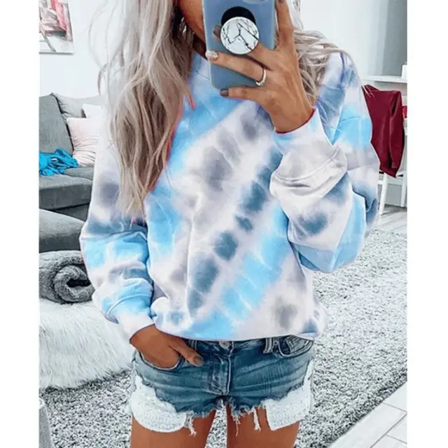 Loose Round Neck Tie Dye Printing Long Sleeved Top Sky Blue - Shop at LoveMi