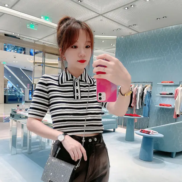 Short Short Sleeved T Shirt Knitwear Striped Polp Shirt Stripe - Shop at LoveMi