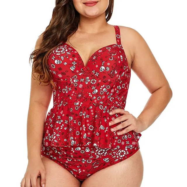 Fashion Ladies Plus Size Printing Split Swimsuit Red - Shop at LoveMi