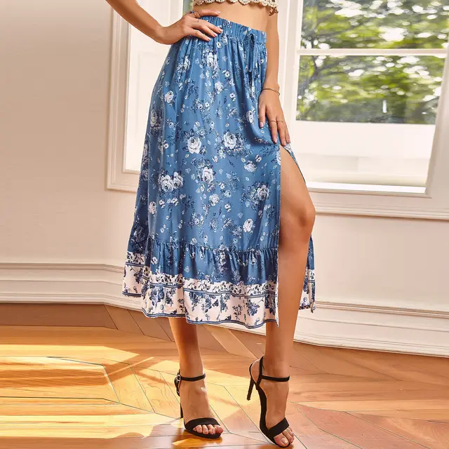 Women's Temperament Commuter Pleated Print Skirt Blue - Shop at LoveMi