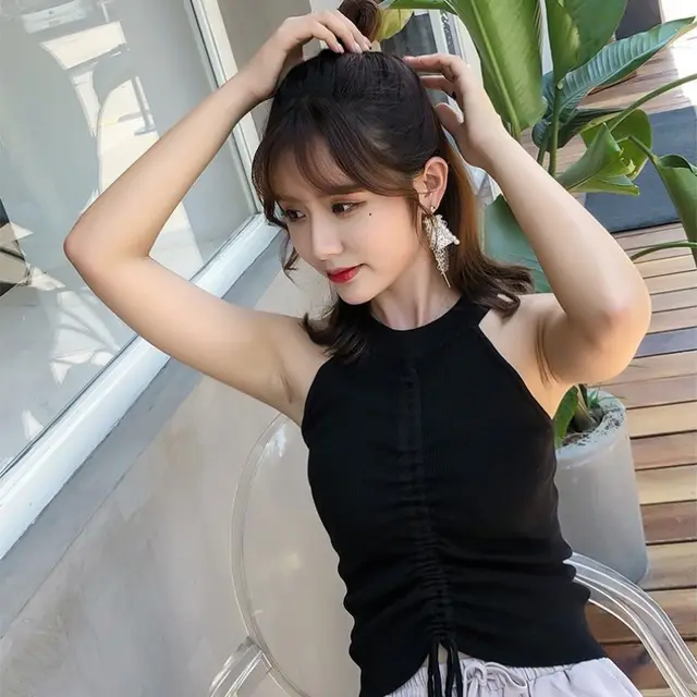 Sleeveless Knitted Drawstring Halterneck Suspender Top Black - Shop at LoveMi