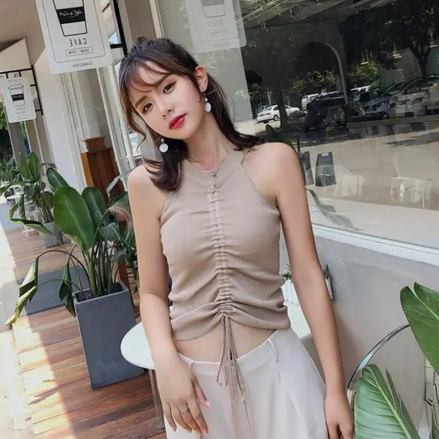 Sleeveless Knitted Drawstring Halterneck Suspender Top Khaki - Shop at LoveMi
