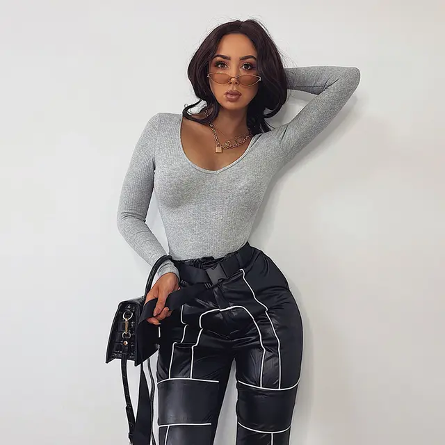 Autumn And Winter Sexy Slim Bottoming Long sleeved T shirt Solid Color One piece Bottoming Shirt Gray - Shop at LoveMi