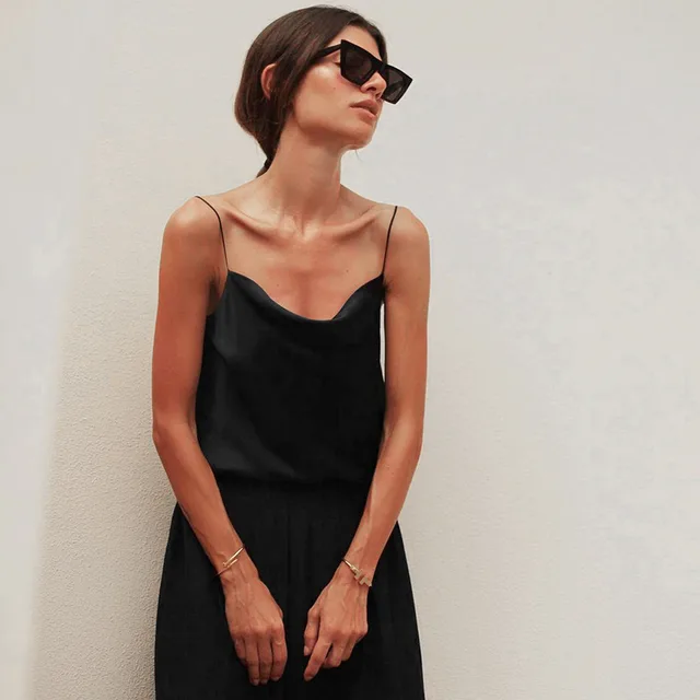 European And American Sling Top Halter Imitation Silk Loose bottoming Fashion Inner Vest Black - Shop at LoveMi