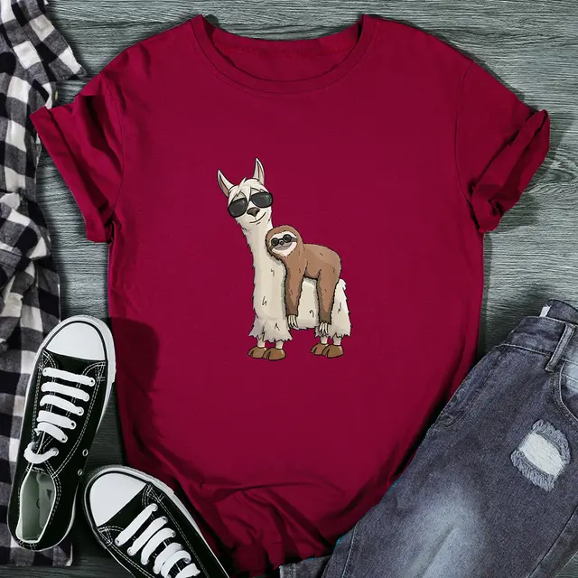 Foreign Trade European And American Printed t Shirt Women Wine Red - Shop at LoveMi
