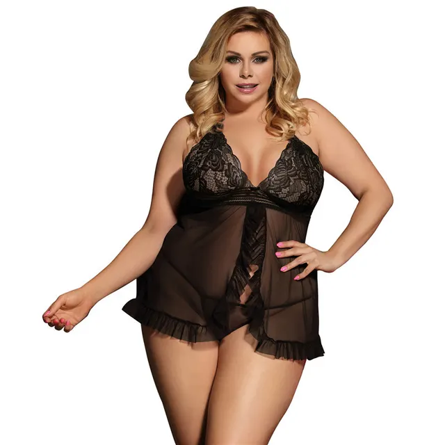 Oversized Two piece Halter Lace See through Nightdress Black - Shop at LoveMi