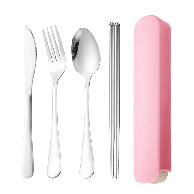 Portable Four Piece Knife, Fork, Spoon And Chopsticks Set Pink - Shop at LoveMi