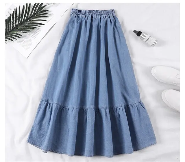 Mid length High waisted A line Skirt Denim Skirt Light Blue - Shop at LoveMi