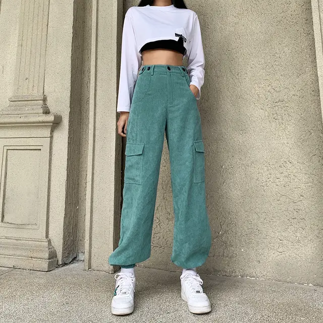 Corduroy High waisted Pockets And Loose fitting Trousers Green - Shop at LoveMi