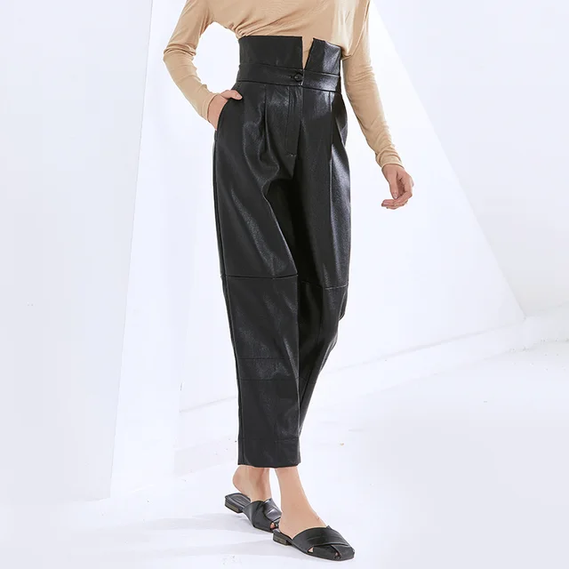 Fashion Temperament Casual High Waist PU Leather Pure Carrot Pants Women Black - Shop at LoveMi