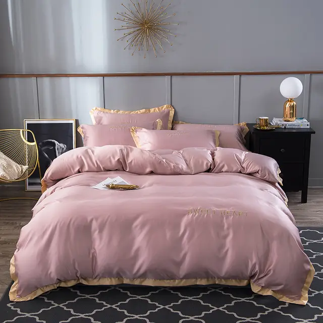 Washed Silk bed Sheet, Light Luxury Embroidered Bedding Pink - Shop at LoveMi