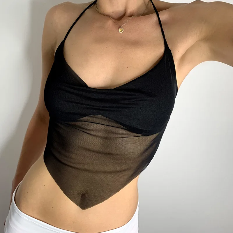 Sexy mesh pleated open back lace-up scarf vest - Black
