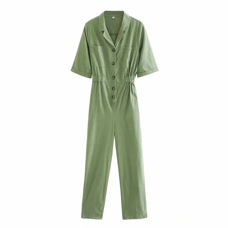 Women's Spring New Short-Sleeved Linen Jumpsuit - Green