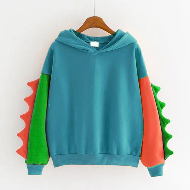 Cute Dinosaur Contrasting Color Hooded Warm Long Sleeve Sweatshirt Blue - Shop at LoveMi
