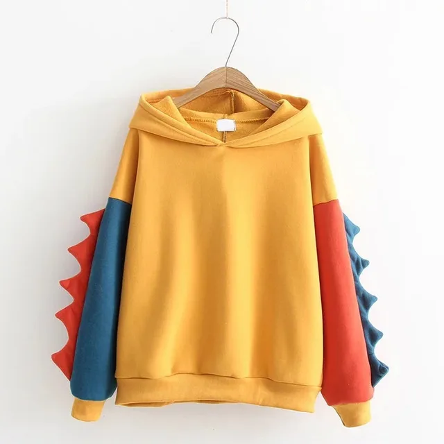 Cute Dinosaur Contrasting Color Hooded Warm Long Sleeve Sweatshirt Yellow - Shop at LoveMi