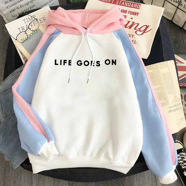 Plus Fleece Youth Color Block Hoodie BE Contrast Color Sweatshirt Women J - Shop at LoveMi