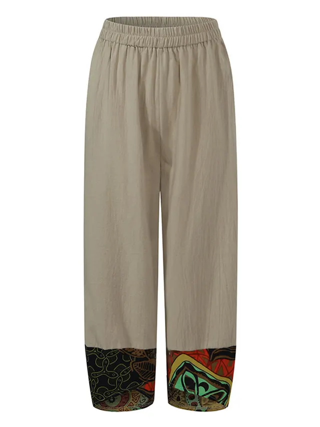 Ladies Cotton And Linen Printed Elastic Plus Size Cropped Trousers Khaki - Shop at LoveMi