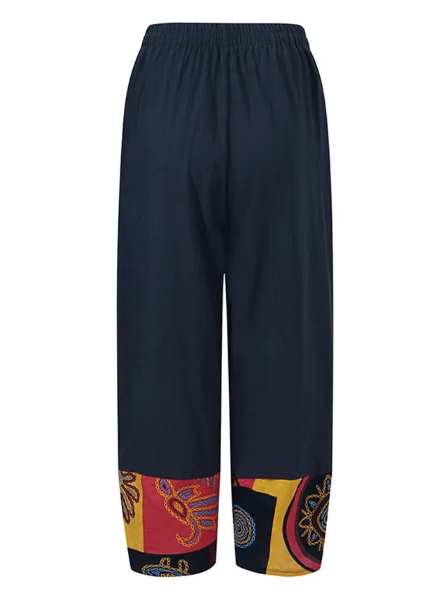 Ladies Cotton And Linen Printed Elastic Plus Size Cropped Trousers Navy Blue - Shop at LoveMi