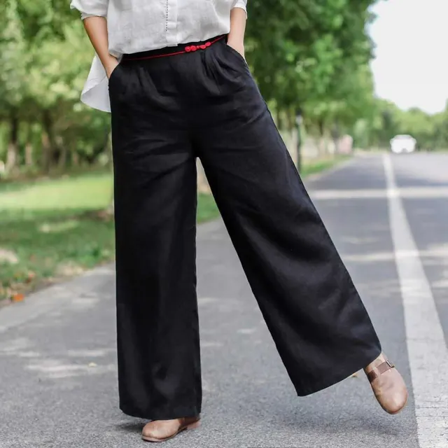 High Waist Drape Loose And Thin Straight Linen Long Pants Black - Shop at LoveMi