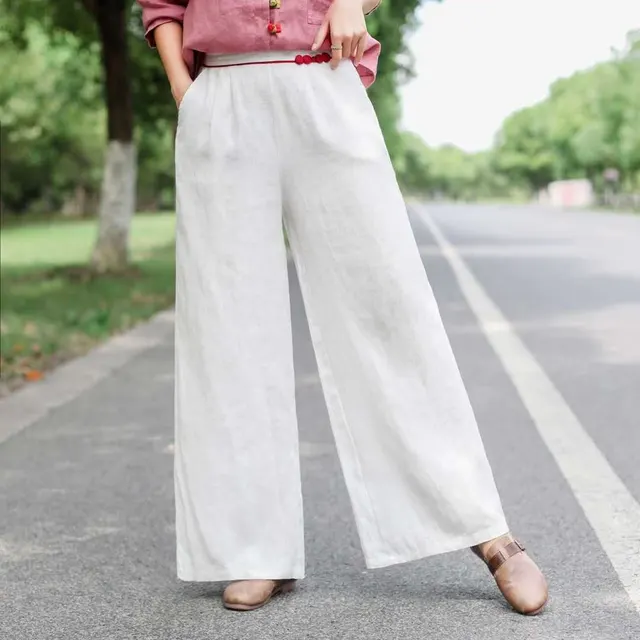 High Waist Drape Loose And Thin Straight Linen Long Pants White - Shop at LoveMi