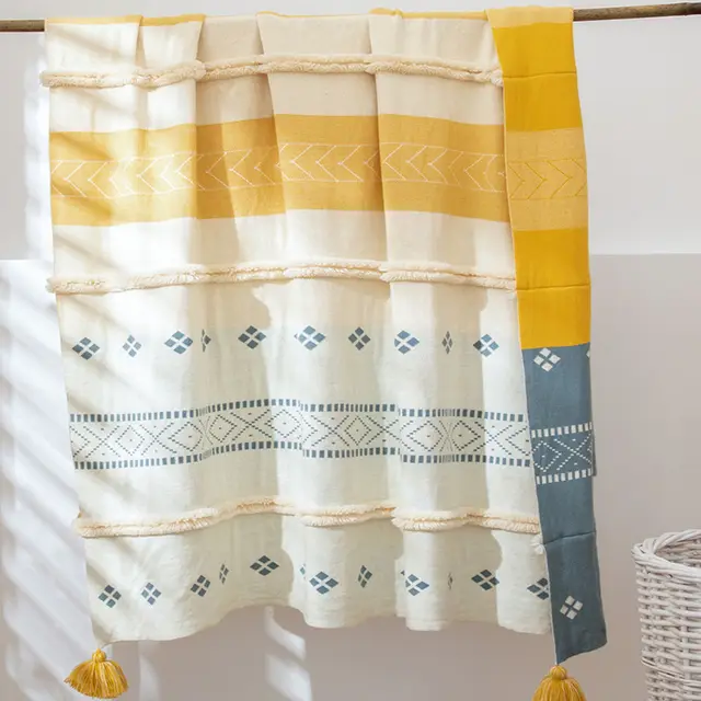 Pure Color Spring And Autumn Sofa Tassel Cotton Blanket Yellow - Shop at LoveMi